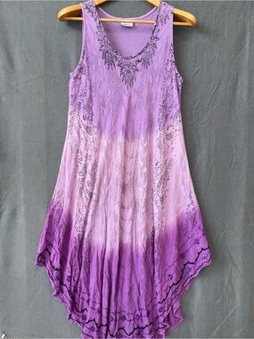 Shoreline Purple Beaded Handkerchief Hem Tunic Dress Free Size Boho Festival